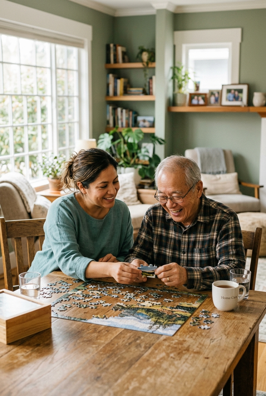 Seniors and caregivers sharing joyful moments at home
