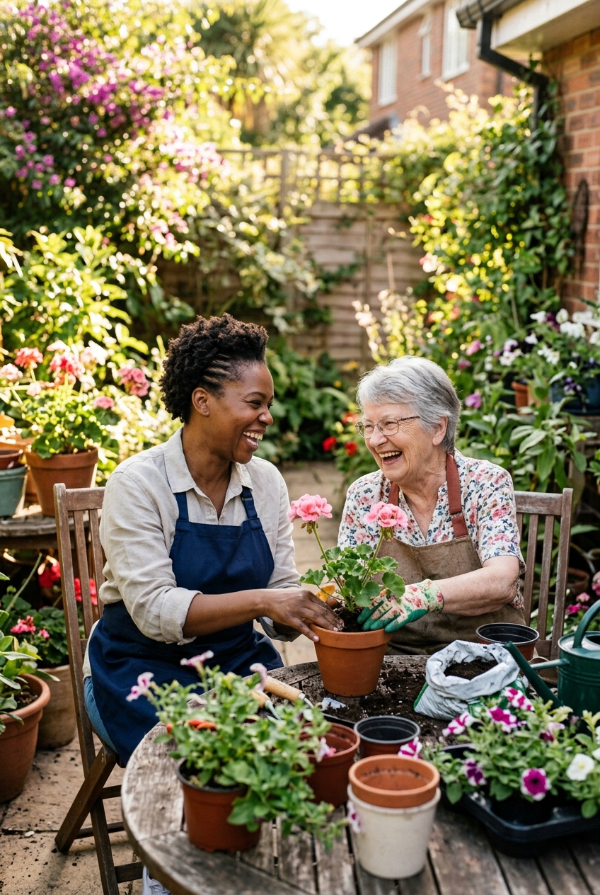 Seniors and caregivers sharing joyful moments at home